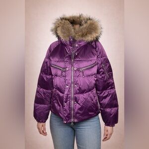 Elegant Purple Puffer Jacket with Fur Trim